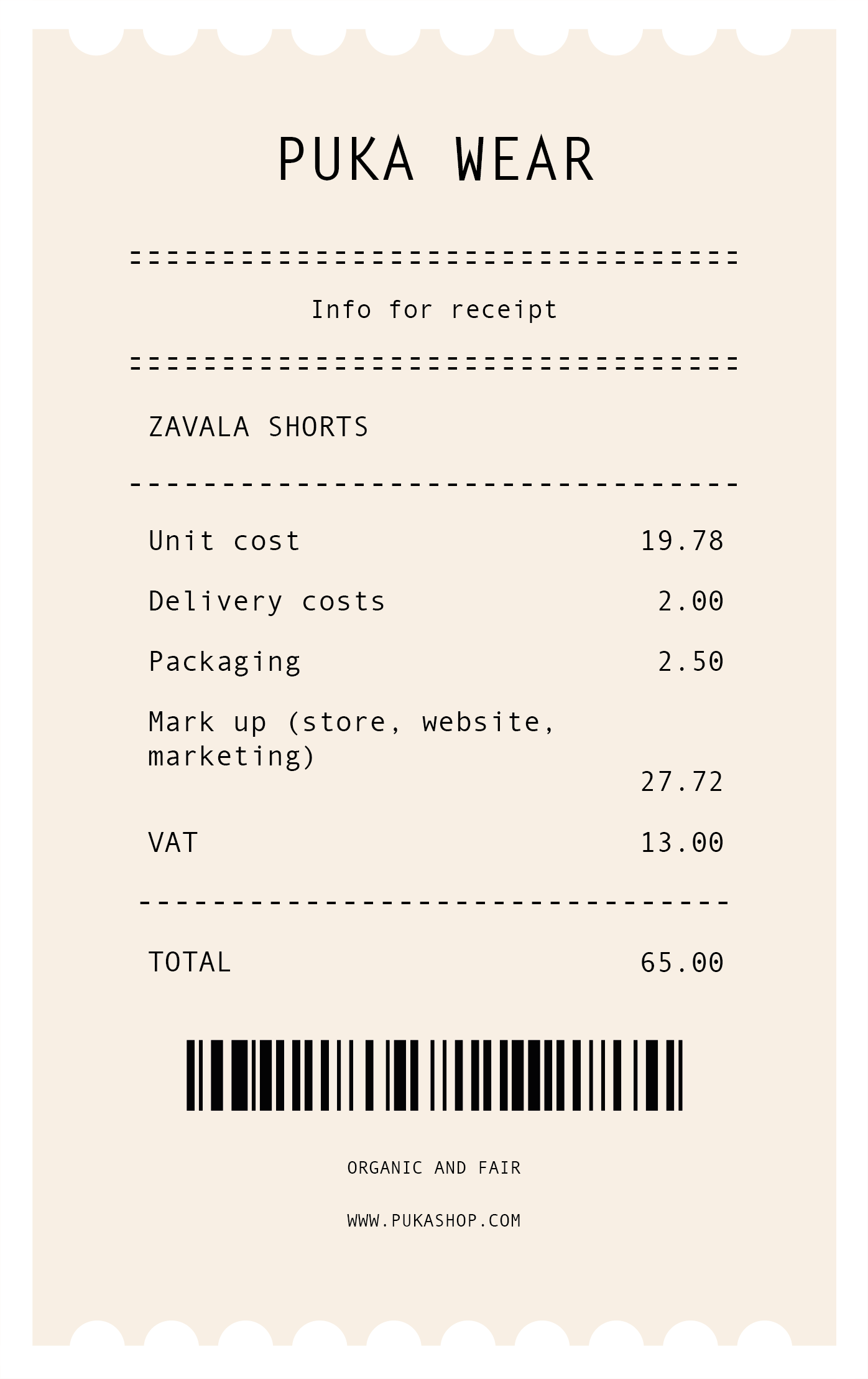 Zavala shorts receipt